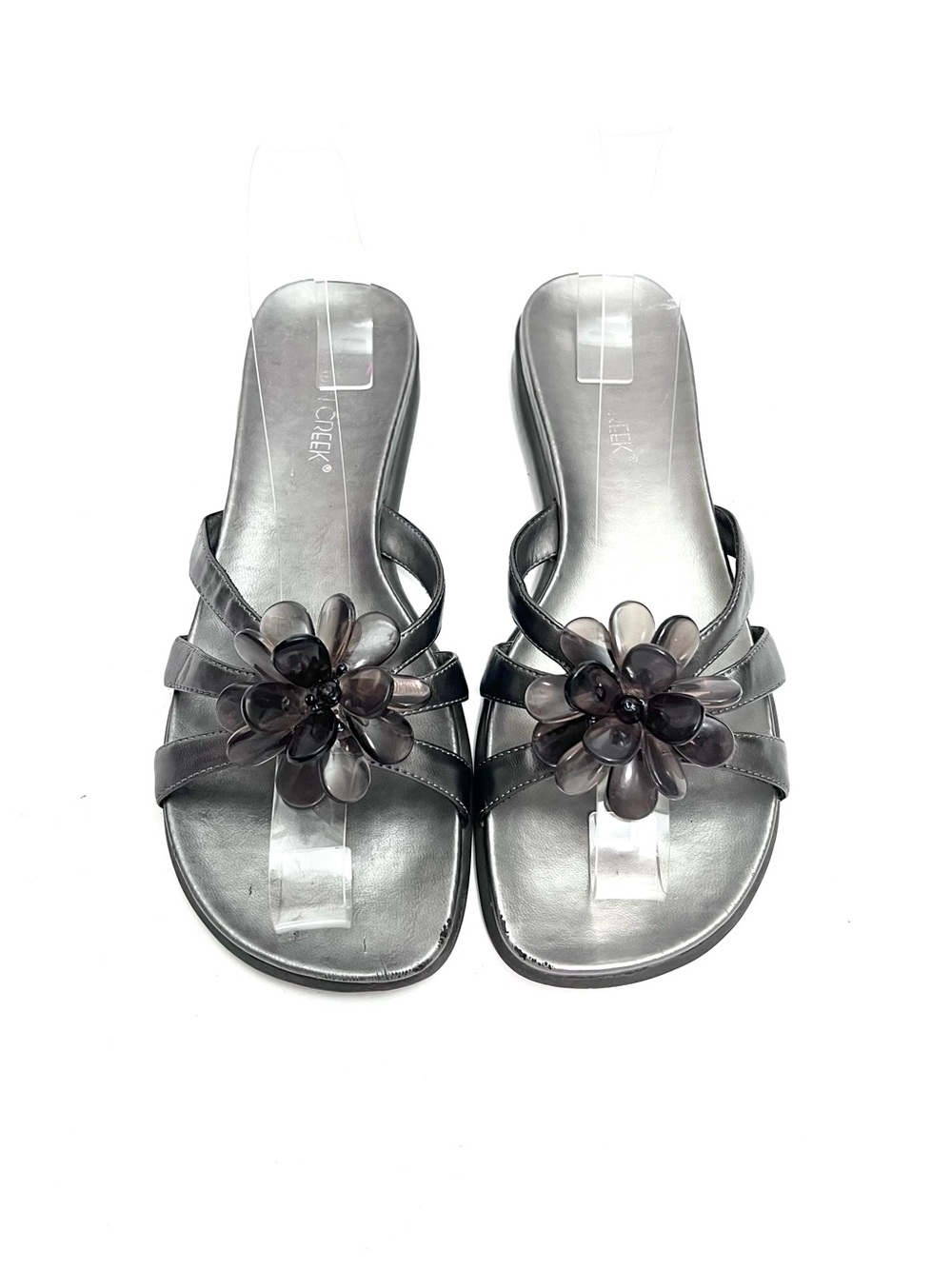 Vintage 1990s gray vegan leather slip on chunky beaded sandals